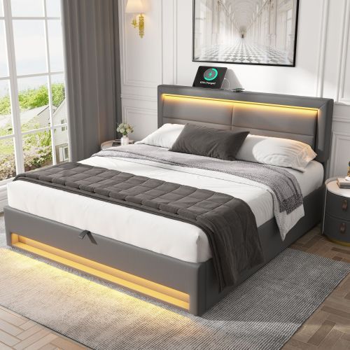 Grey King Upholstered Bed with LED Lighting