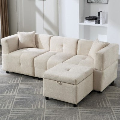 Beige L-Shaped Sofa with Storage Ottoman