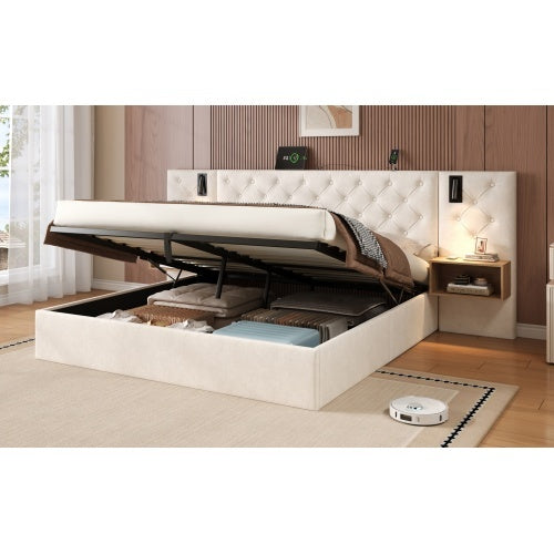Luxury King Bed Frame – Beige Velvet Upholstered Storage Bed