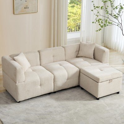 Beige L-Shaped Sofa with Storage Ottoman