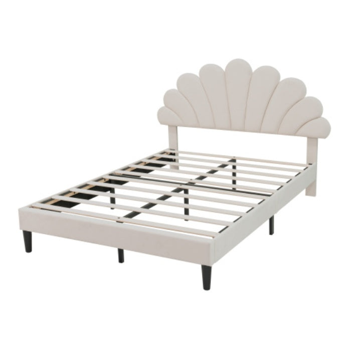 Beige Double Velvet Bed with Petal Headboard