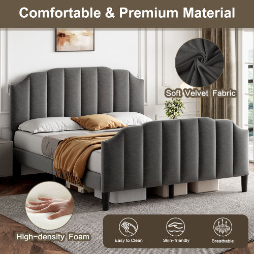 Grey Double Upholstered Bed with Adjustable Headboard