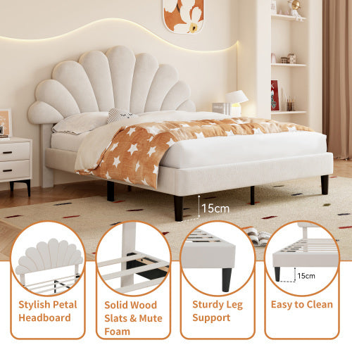 Beige Double Velvet Bed with Petal Headboard