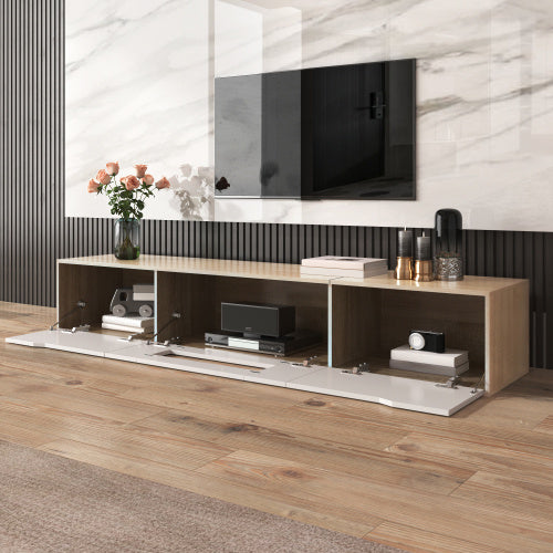Modedevieco LED High-Gloss TV Cabinet – White & Wood Effect with Colour-Changing Lights