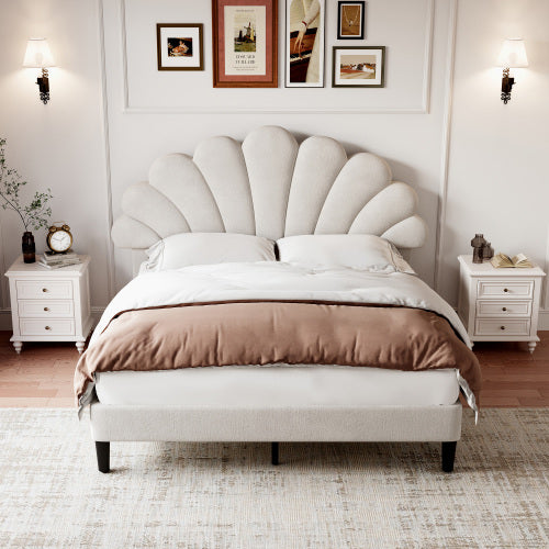 Beige Double Velvet Bed with Petal Headboard