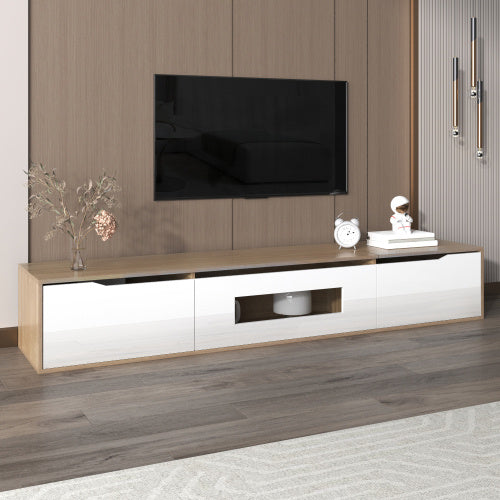 Modedevieco LED High-Gloss TV Cabinet – White & Wood Effect with Colour-Changing Lights