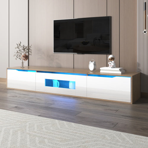 Modedevieco LED High-Gloss TV Cabinet – White & Wood Effect with Colour-Changing Lights