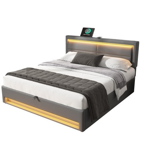 Grey King Upholstered Bed with LED Lighting