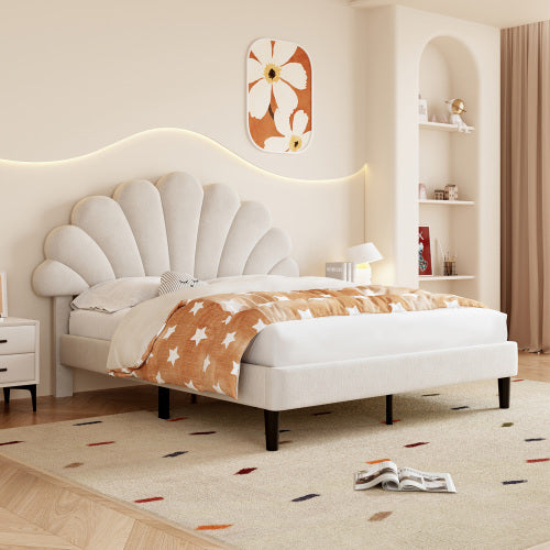 Beige Double Velvet Bed with Petal Headboard