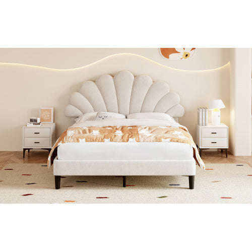 Beige Double Velvet Bed with Petal Headboard