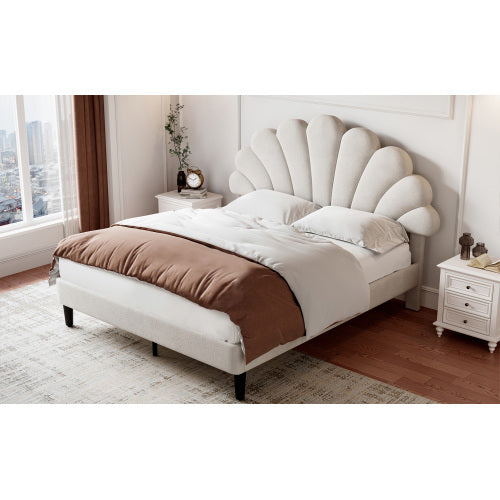 Beige Double Velvet Bed with Petal Headboard