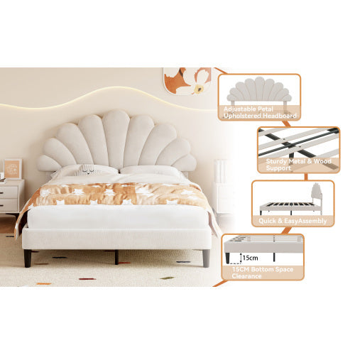 Beige Double Velvet Bed with Petal Headboard