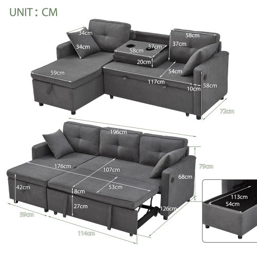 Convertible L-Shaped Sofa bed with Charging Ports
