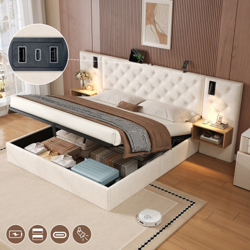 Luxury King Bed Frame – Beige Velvet Upholstered Storage Bed