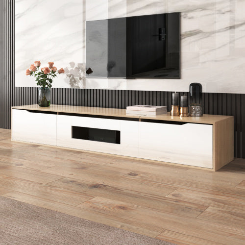 Modedevieco LED High-Gloss TV Cabinet – White & Wood Effect with Colour-Changing Lights