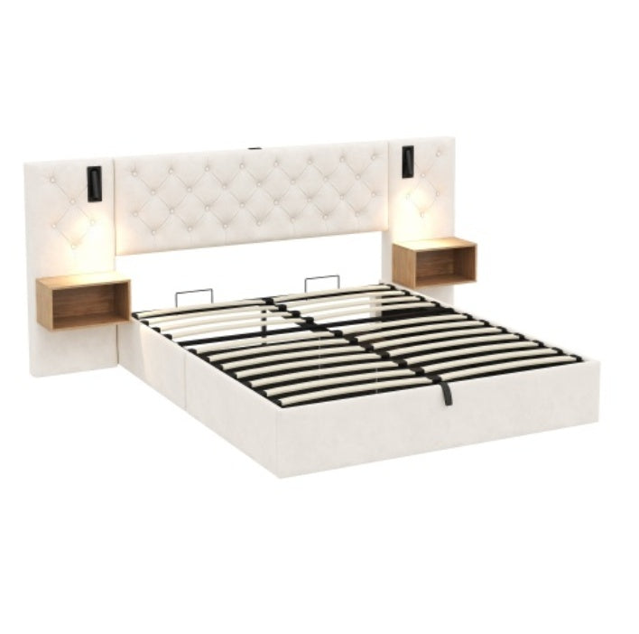 Luxury King Bed Frame – Beige Velvet Upholstered Storage Bed