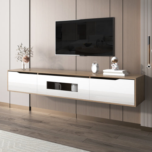 Modedevieco LED High-Gloss TV Cabinet – White & Wood Effect with Colour-Changing Lights