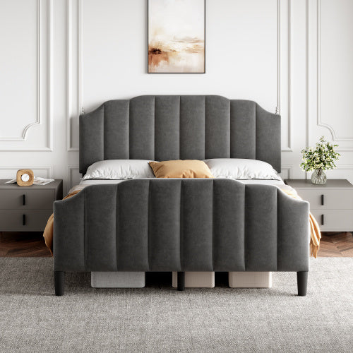 Grey Double Upholstered Bed with Adjustable Headboard
