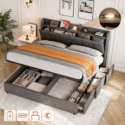 Grey King Bed Frame with Hydraulic Storage