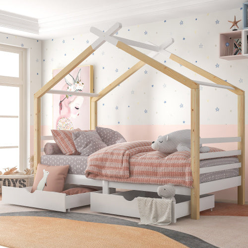 Kids Wooden Canopy Bed Frame with Storage