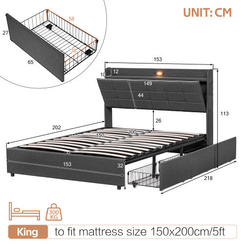 Grey King Bed Frame with Hydraulic Storage