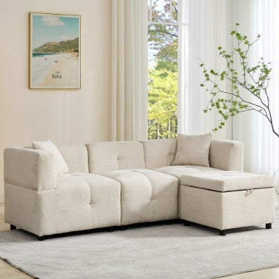 Beige L-Shaped Sofa with Storage Ottoman