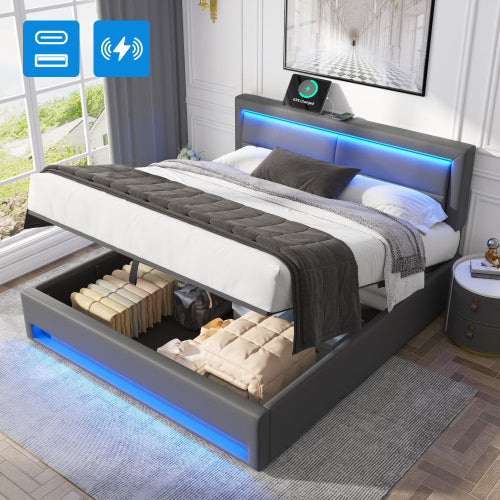 Grey King Upholstered Bed with LED Lighting