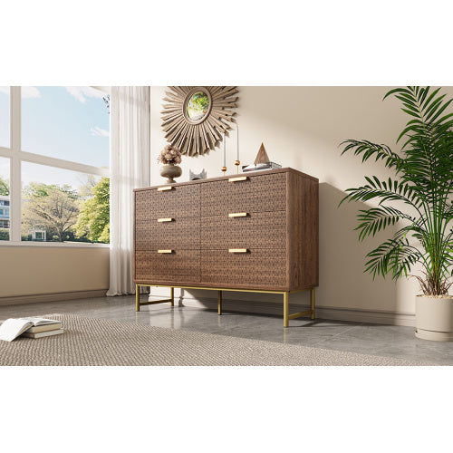 Modern Walnut Embossed Sideboard – 6 Drawer Anti-Tip Dresser