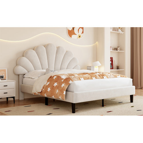 Beige Double Velvet Bed with Petal Headboard