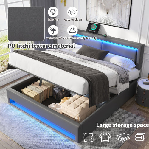 Grey King Upholstered Bed with LED Lighting