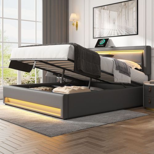 Grey King Upholstered Bed with LED Lighting