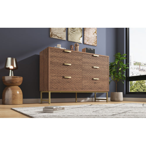 Modern Walnut Embossed Sideboard – 6 Drawer Anti-Tip Dresser