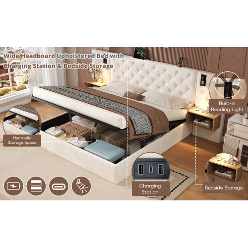 Luxury King Bed Frame – Beige Velvet Upholstered Storage Bed