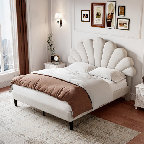Beige Double Velvet Bed with Petal Headboard