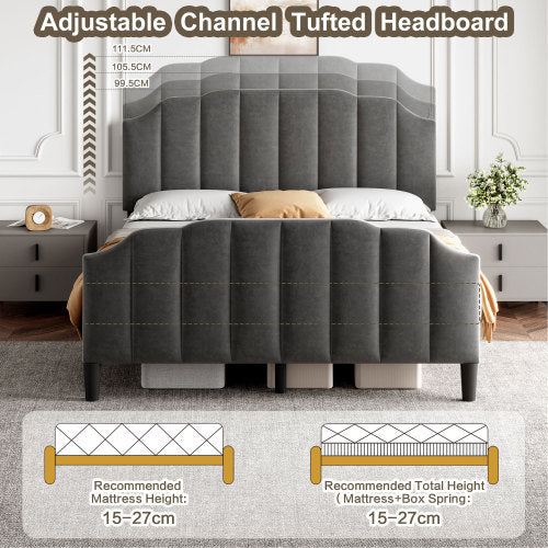 Grey Double Upholstered Bed with Adjustable Headboard