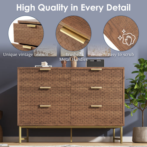 Modern Walnut Embossed Sideboard – 6 Drawer Anti-Tip Dresser