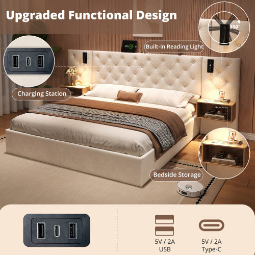 Luxury King Bed Frame – Beige Velvet Upholstered Storage Bed