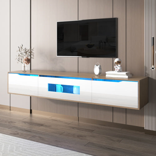 Modedevieco LED High-Gloss TV Cabinet – White & Wood Effect with Colour-Changing Lights