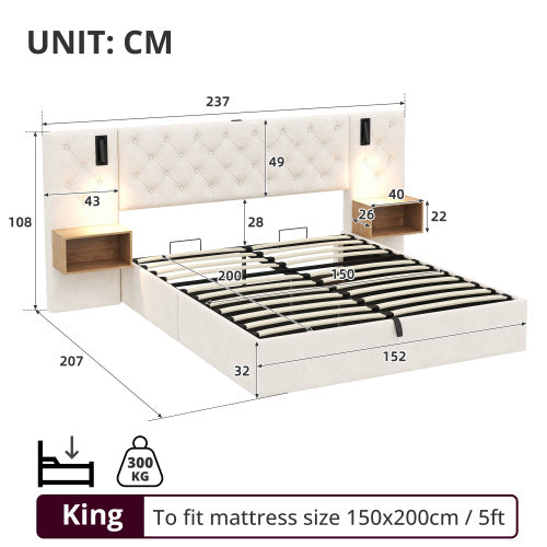 Luxury King Bed Frame – Beige Velvet Upholstered Storage Bed