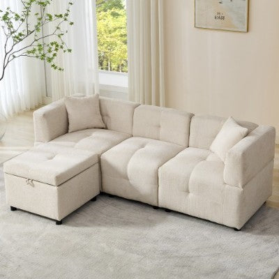 Beige L-Shaped Sofa with Storage Ottoman