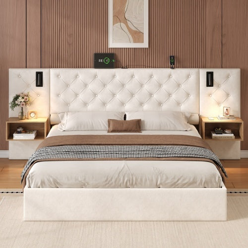 Luxury King Bed Frame – Beige Velvet Upholstered Storage Bed