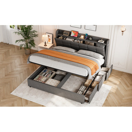Grey King Bed Frame with Hydraulic Storage