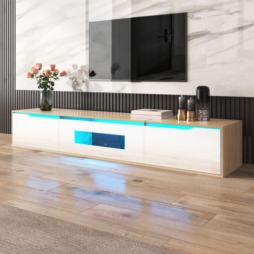 Modedevieco LED High-Gloss TV Cabinet – White & Wood Effect with Colour-Changing Lights