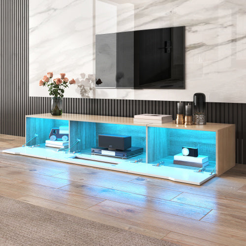 Modedevieco LED High-Gloss TV Cabinet – White & Wood Effect with Colour-Changing Lights