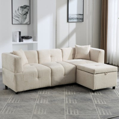 Beige L-Shaped Sofa with Storage Ottoman
