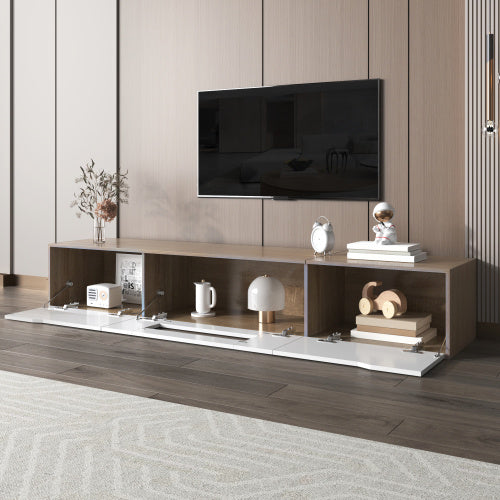 Modedevieco LED High-Gloss TV Cabinet – White & Wood Effect with Colour-Changing Lights