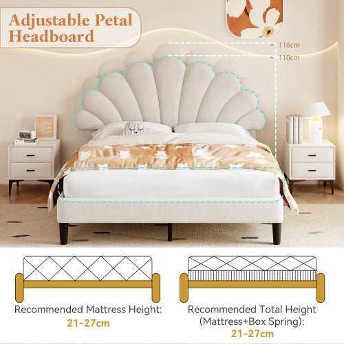 Beige Double Velvet Bed with Petal Headboard
