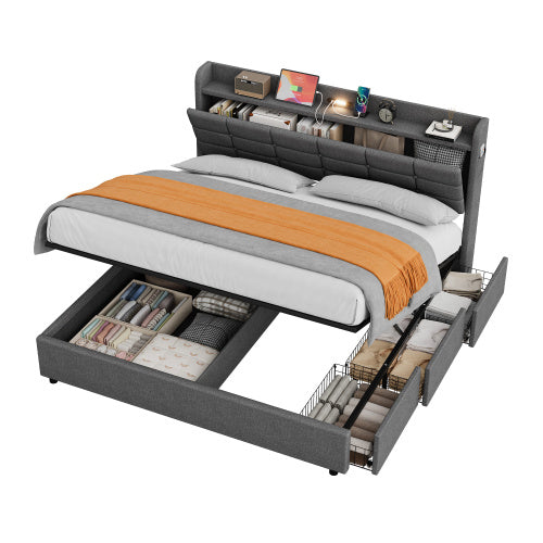 Grey King Bed Frame with Hydraulic Storage