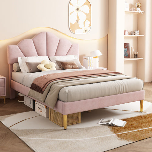 Designer King Size Bed – Velvet Upholstery, Shell-Inspired Headboard