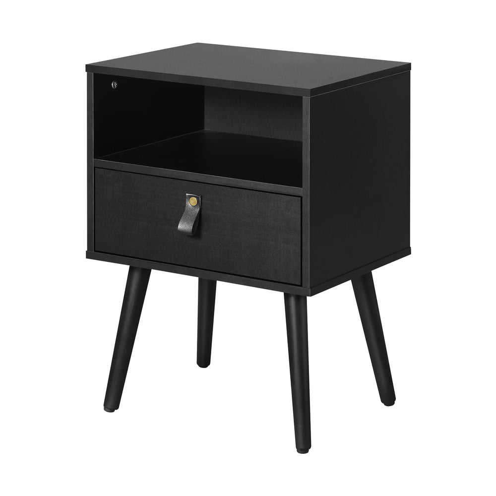 NNEED Bedside Tables with Leather Handle Black